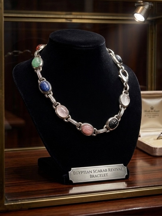 Jewelry - Egyptian Scarab Revival Multi-Color Scarab Link Bracelet - Silver Tone